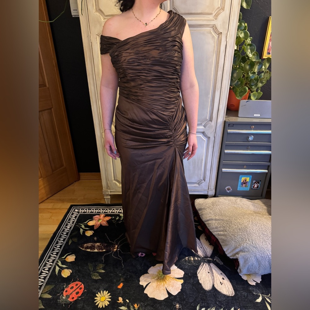 Xscape One Shoulder Brown Dress